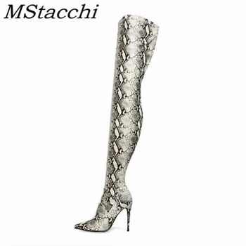 

Mstacchi 2020 New Serpentine Personalized Design Women Over The Knee Boots Pointed Sexy Fine Heel Height Ladies Shoes High Heels