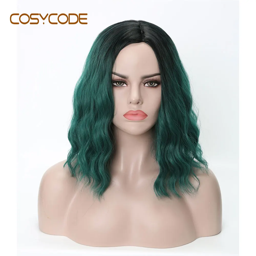 COSYCODE зеленый парик 14 дюймов средняя часть естественная волна кудрявый женский парик некружевной Синтетический Косплей парик костюм