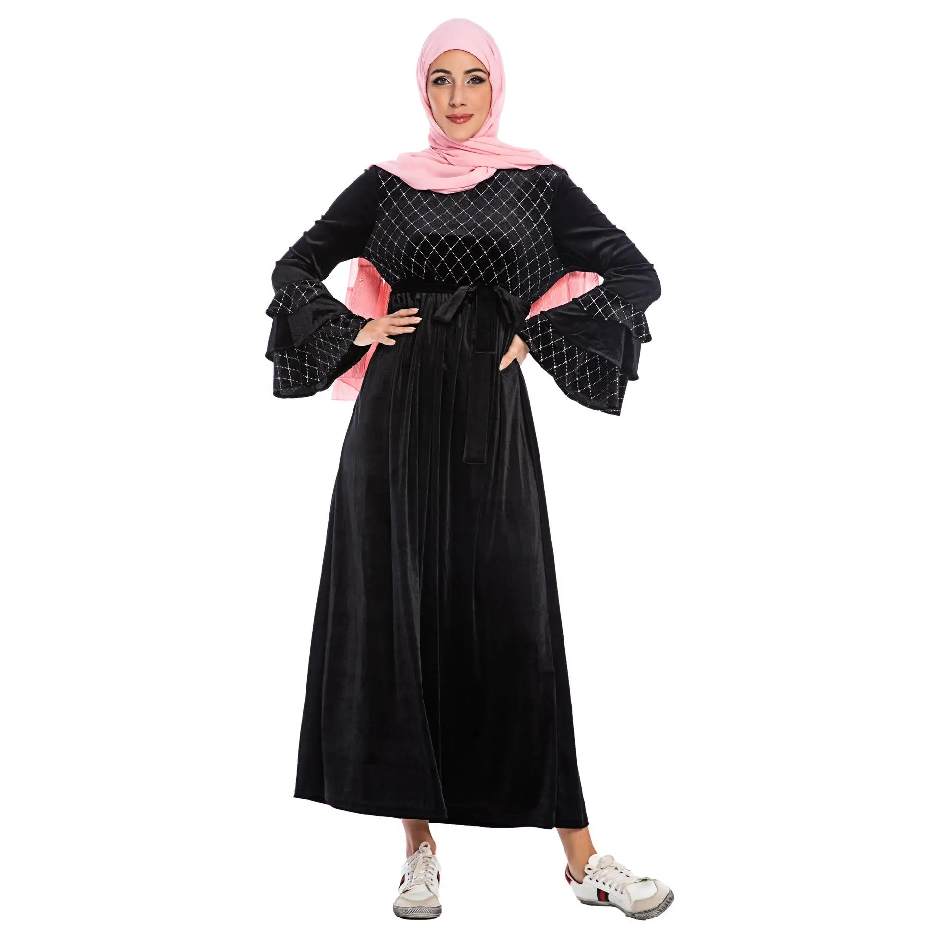 Мода мусульманский Для женщин длинными расклешенными рукавами abaya Макси платье теплый бархат кафтан халат Ислам Костюмы осень-зима свободное платье