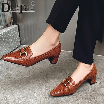 

DORATASIA Fashion Brand Female Pumps Slip On Classic Pumps Women Genuine Leather Metal Pointed Toe Block Heel Shoes Woman