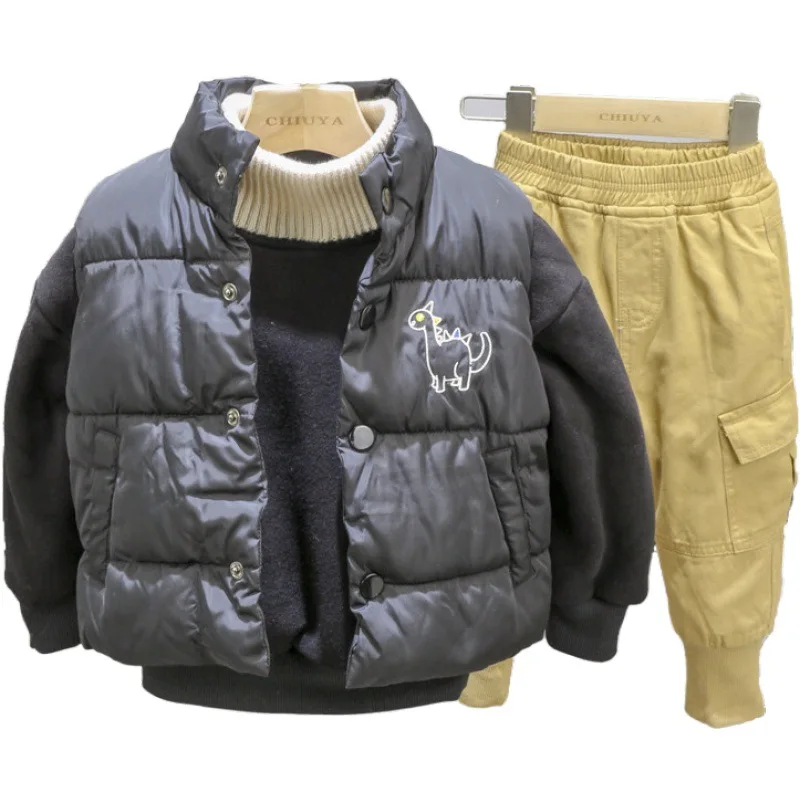 

3PCS WLG boys winter clothing set kids cartoon dinosaur printed vest velvet black hoodie and khaki pant set baby boy clothes