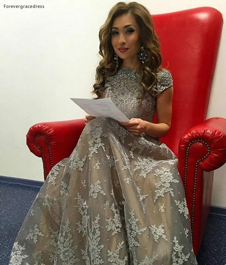 2017 A Line Long Evening Dresses with Short Sleeve Lace Appliques Beaded Formal Evening Dresses Jewel Neck Zipper Back Celebrity Dresses  159 (4)