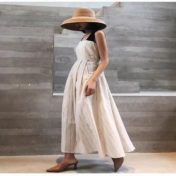 

2020 Women Casual Sleeveless Strap Linen Mid-calf Dress Summer striped Female Sundress Vestido