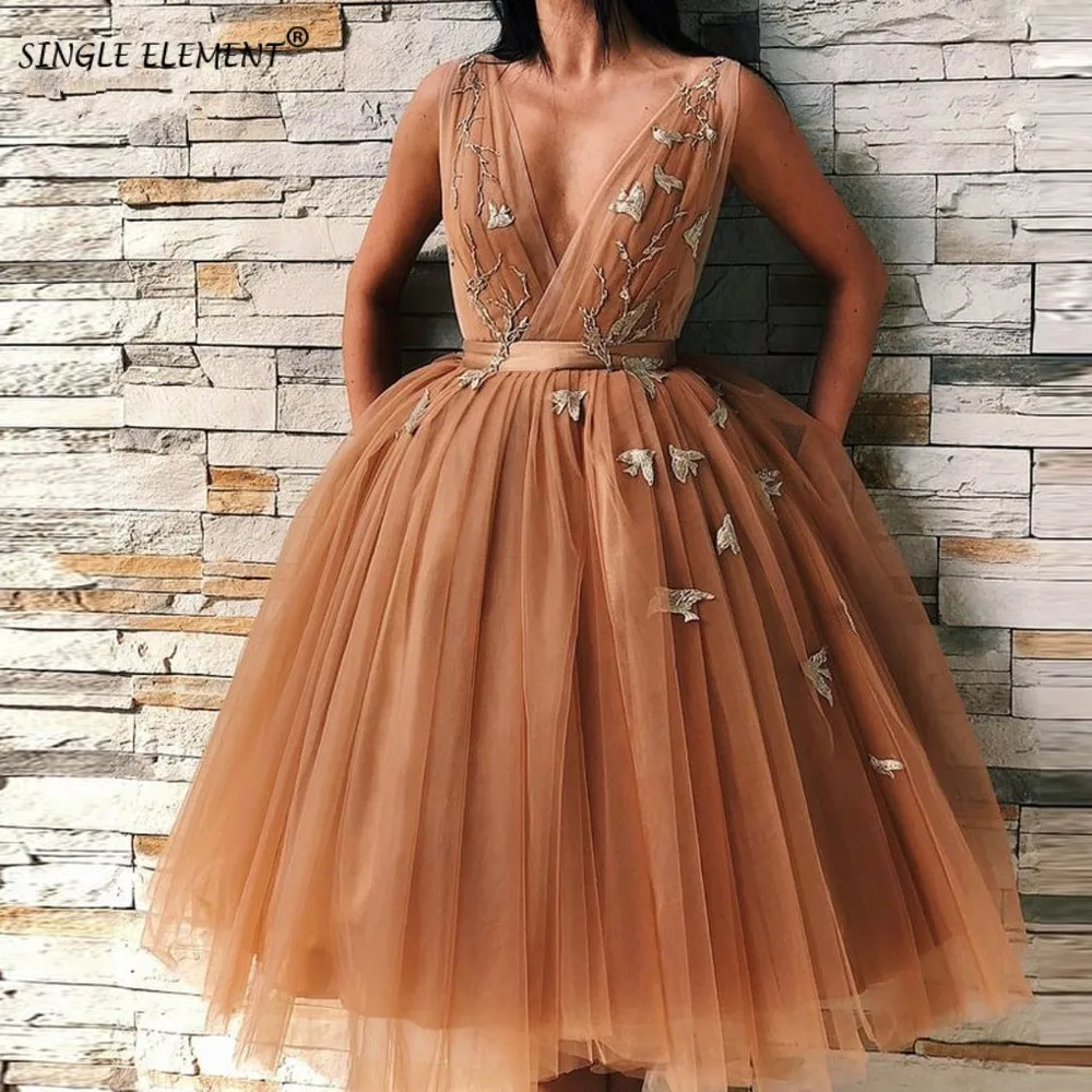 

Unique Deep V Neck Flower Applique Tulle Party Brown Cocktail Dresses