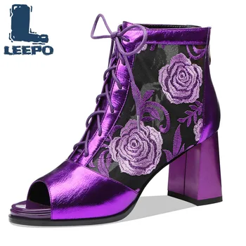 

Summer Boots for Women Luxury Cow Leather High Heels Peep Toe Net Perforated Booties Woman Ankle Boots Sexy Hollow Mesh Shoes