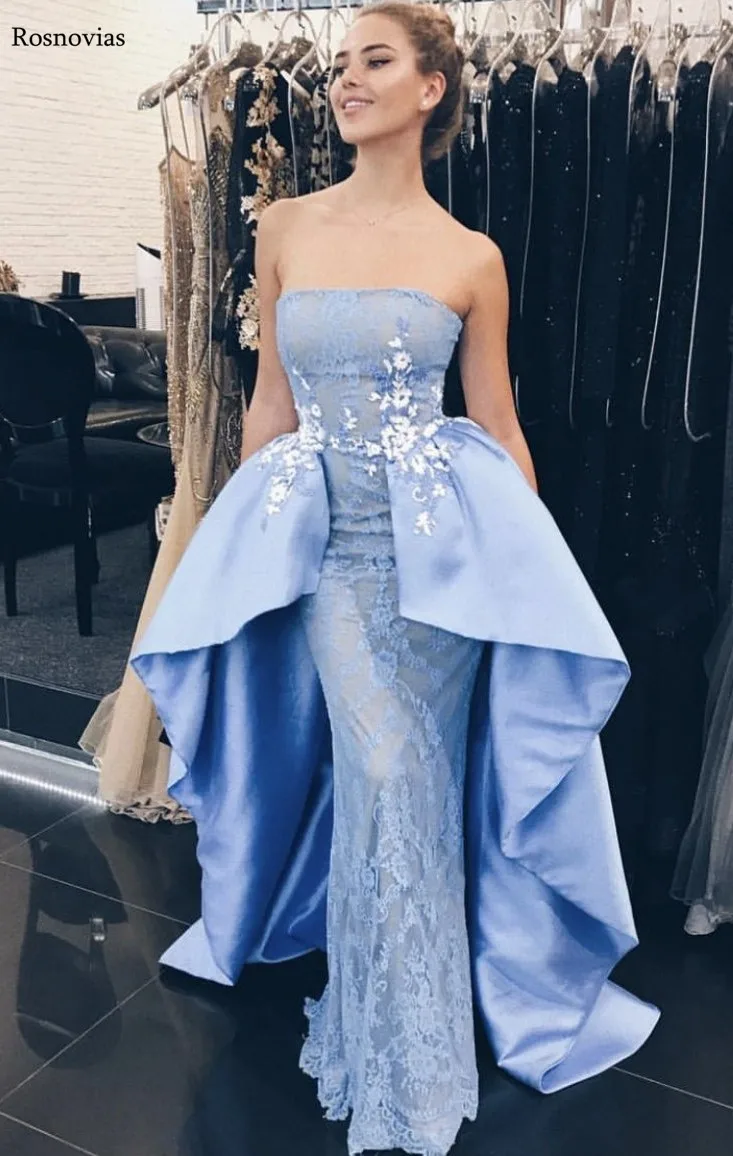 Небесно голубая Русалка Выпускные платья с Overskirt без бретелек развертки поезд торжественное кружевное нарядное платье Вечеринка платья Vestido De Fiesta