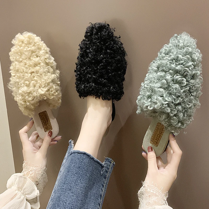 

Slippers Fur Shoes Woman 2019 Rivet Luxury Slides Flock Socofy Cover Toe Low Plush Designer New Soft Flat Cotton Fabric Basic