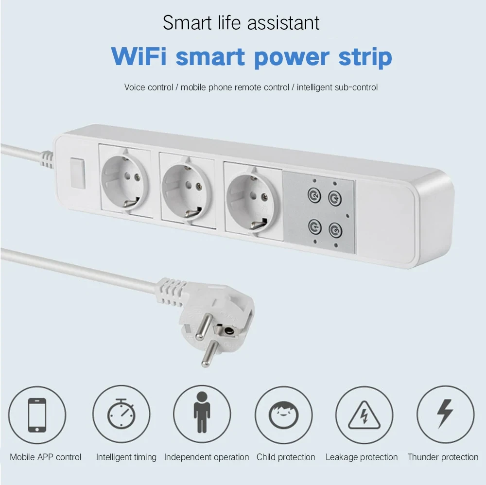 Полоса ЕС вилка WiFi интеллектуальная силовая полоса подконтрольная розетка-Белый ЕС вилка