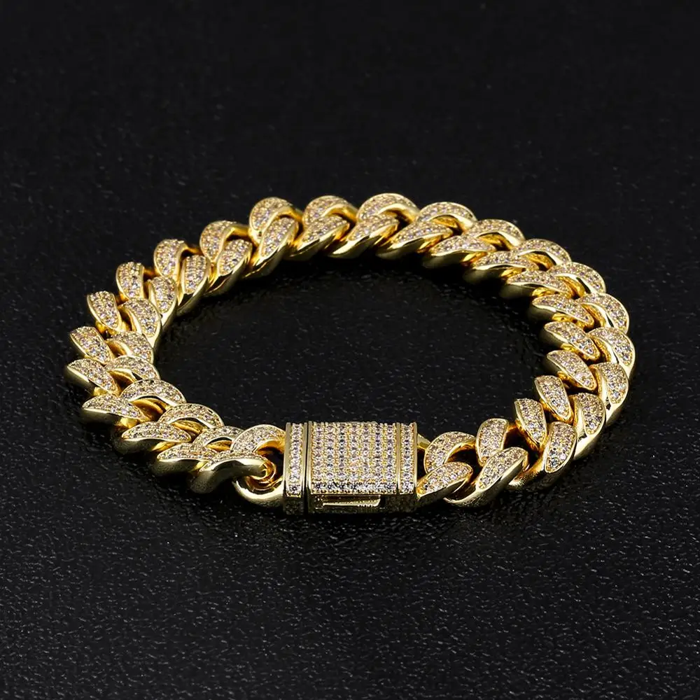 DNSCHIC хип-хоп Bling кубинский браслет 12 мм золото Iced Out кубинская цепь звено для мужчин s CZ Iced браслет для мужчин женщин хип-хоп ювелирные изделия