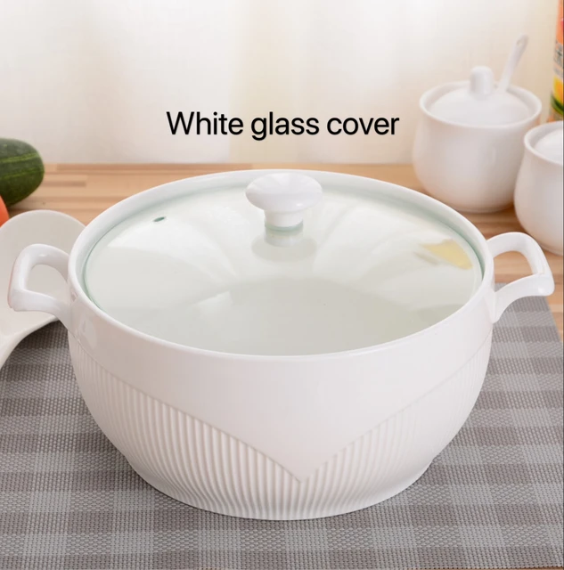 Ceramic Soup Pot  White Round Nordic Phnom Penh 2.6L Large Bowl with Lid Cooking Utensils Household Kitchen Supplies Tableware White glass cover