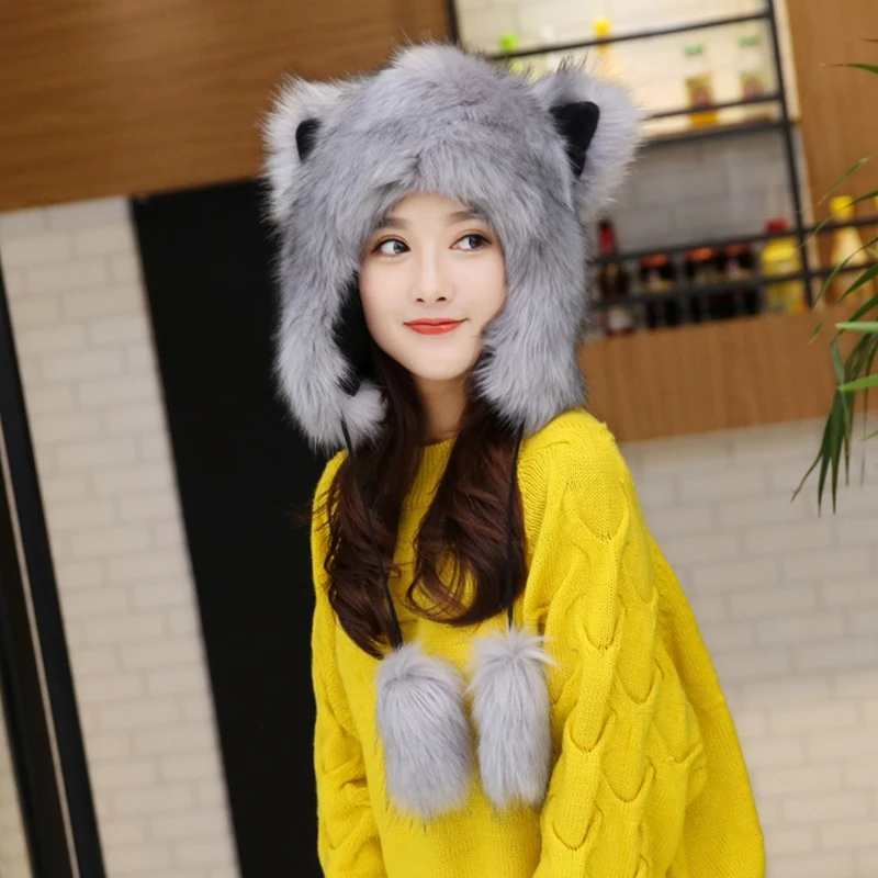 Women Winter Fluffy Furry Trapper Hat Cute Cat Ears Fuzzy Plush Animal Earflap Cap Windproof Thermal Earmuff Warmer |