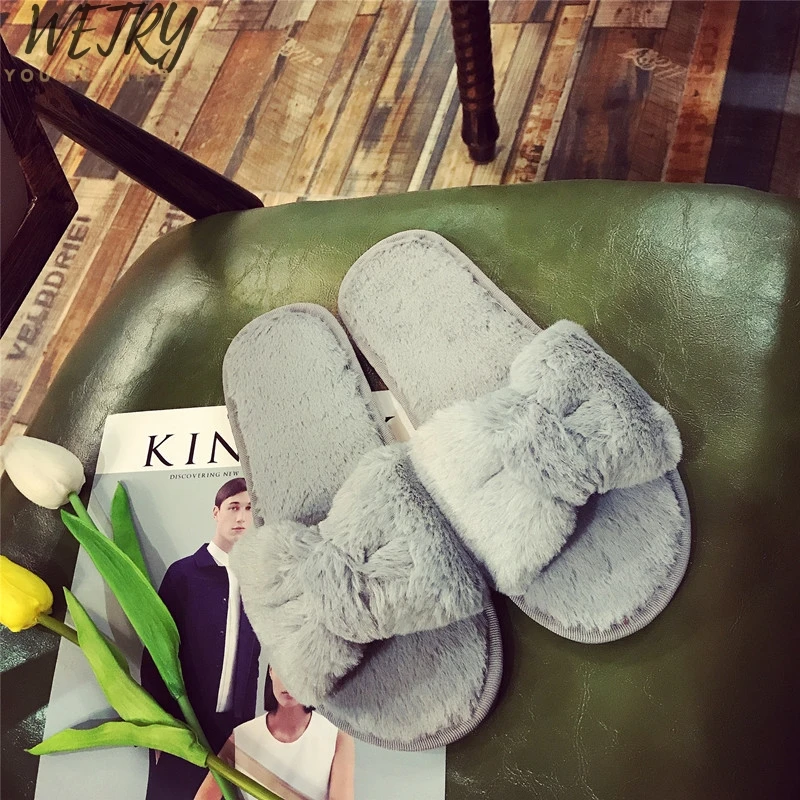 fur slippers Зимние Модные женские домашние тапочки теплая обувь из искусственного меха женские слипоны на плоской подошве женские меховые Вьетнамки розового цвета, большие размеры 36-41 - Цвет: fur slippers
