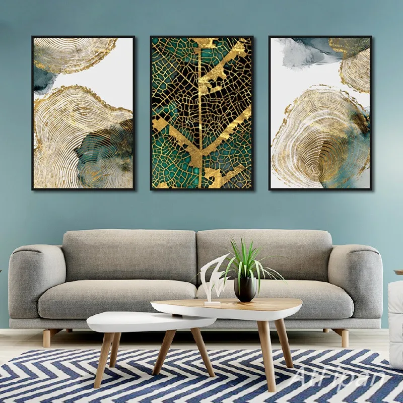 

Agate Green Gold Foil Painting Golden Leaves Branches Texture Coil Whirlpool Art Print Canvas Picture Home Living Room Decor