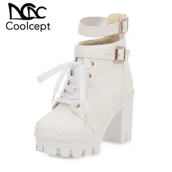 

Coolcept Women 2020 Sexy Punk Motorcycle Boots Platform Square Heels Daily Winter Boots Buckle Shoes Woman Footwear Size 33-43