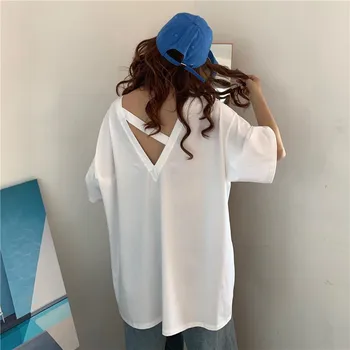 

NiceMix T-shirts Women V-neck Solid Simple Breathable All-match Womens Tshirt White Top Couple Clothes Leisure Trendy Female Tee
