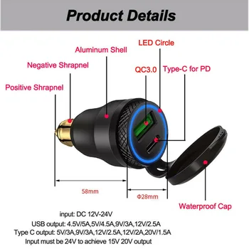 

DC 12V-24V Socket LED USB & Type C Charger Motorcycle Power Aluminum Black