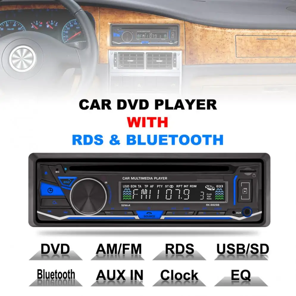 RK-8828B 12 в 1 Din Bluetooth автомобильный dvd-плеер поддержка VCD/SD/USB/AUX Встроенный AM/FM/RDS радио стерео