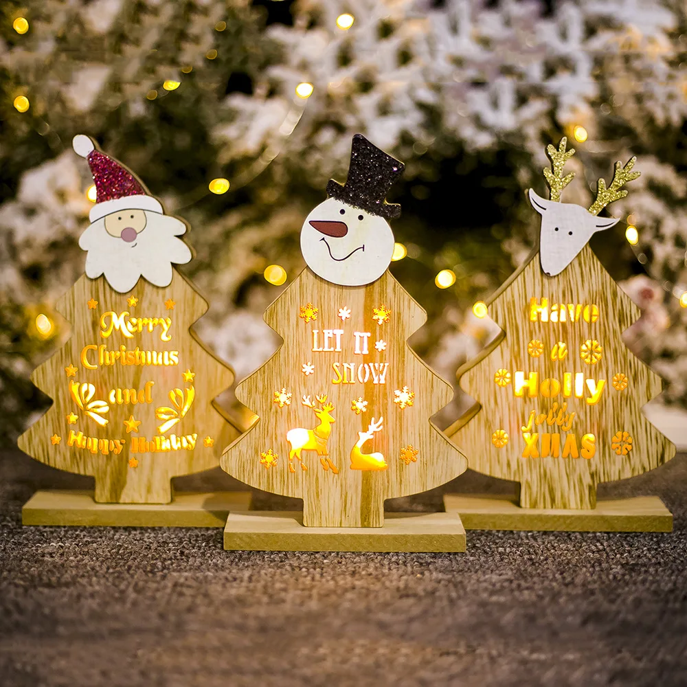 

Christmas Tree Desktop Wooden Ornaments Santa Claus Snowman Elk Wood LED Light Figurines for Xmas New Year Party Home Decoration