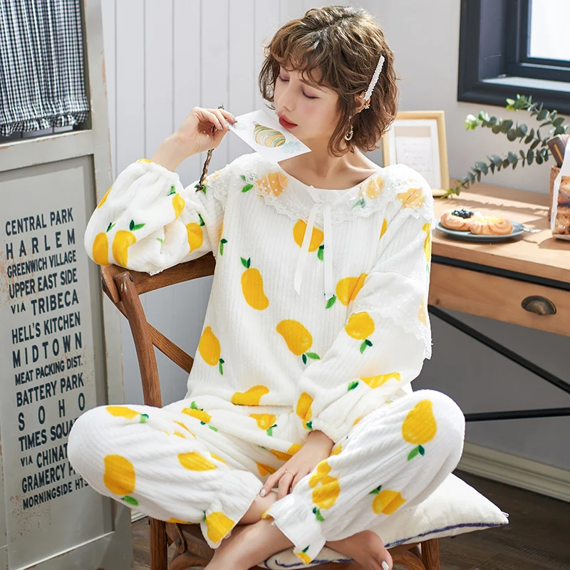Фланелевая зимняя одежда для сна, розовая, с принтом клубники, рукава-фонарики, Студенческая, Готическая, Викторианская, с бантом, кружевная Фланелевая пижама, домашние костюмы - Цвет: 212