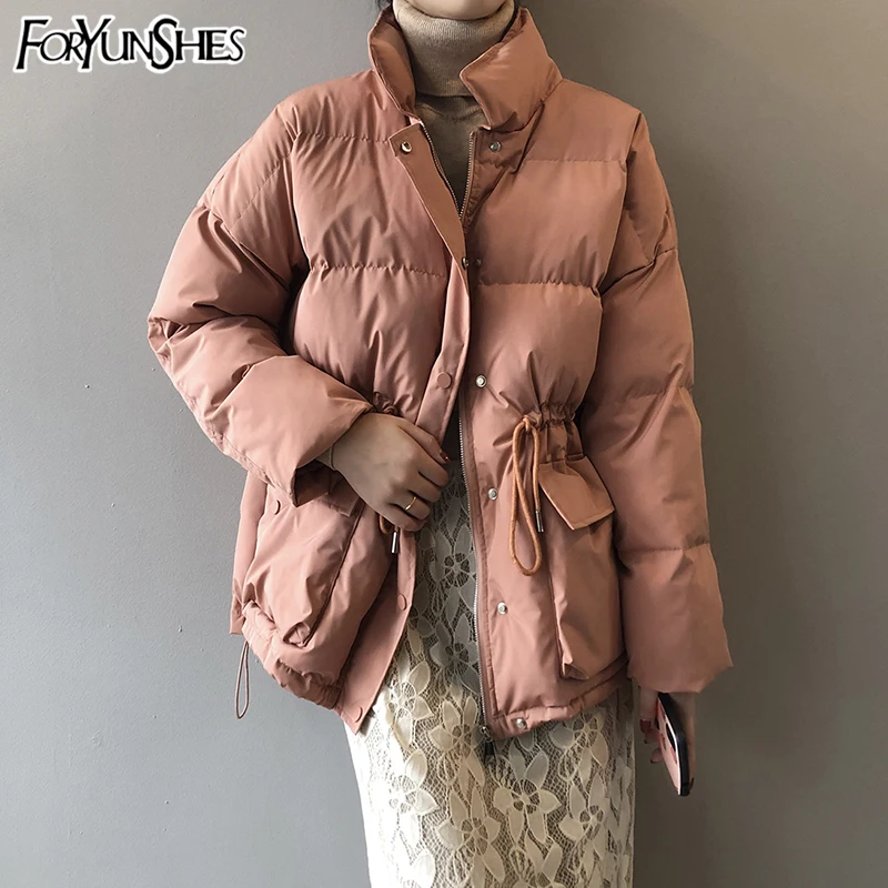 

FORYUNSHES Women Winter Bread Parkas Coat Female Casual Loose Cotton Padded Jackets Drawstring Waist 2020 Korean Style Fashion