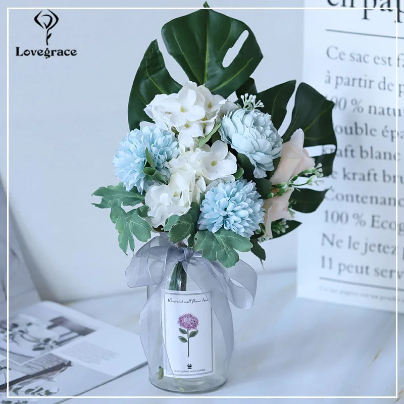 Lovegrace Свадебный букет невесты искусственный Шелковый цветок розы розовая Гортензия помпон тропический Эвкалиптовый пальмовый лист свадебные принадлежности - Цвет: blue