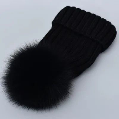 black with velvet Детская шапка для русской зимы, для женщин и детей, шапки из натурального Лисьего меха, шапка для мамы и ребенка с помпоном, одинаковая для семьи, шапочка с помпоном, детская шапка - Color: black with velvet