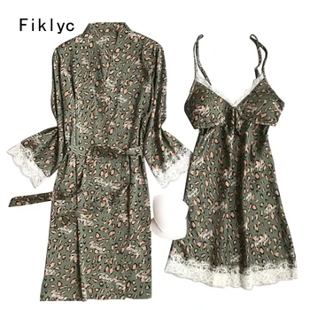 

Fiklyc underwear two-pieces leopard sexy robe & gown sets with chest padded long sleeve summer adult lingerie nighty pyjamas set