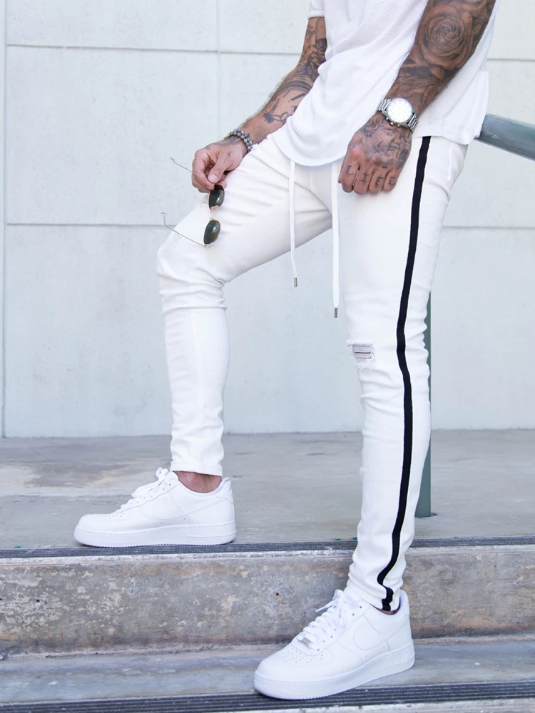 Pantalones rasgados de Hip-Hop para hombre, Jeans blancos a la moda con rayas laterales, pantalones ajustados elásticos de marca de gran tamaño, 2021 _ - AliExpress Mobile