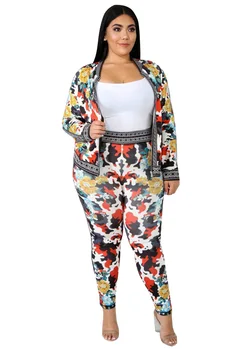 

Floral Printed Casual 2 Piece Outfit Autumn Front Zipper Long Sleeve Coats Elastic Waist Fit Slim Pants Lady Tracksuits Rompers