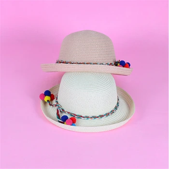 

New Fashion Summer Kids Straw Hats Colorful Tassel Balls Children Beach Cap Baby Girl Hat Sun Visor Caps