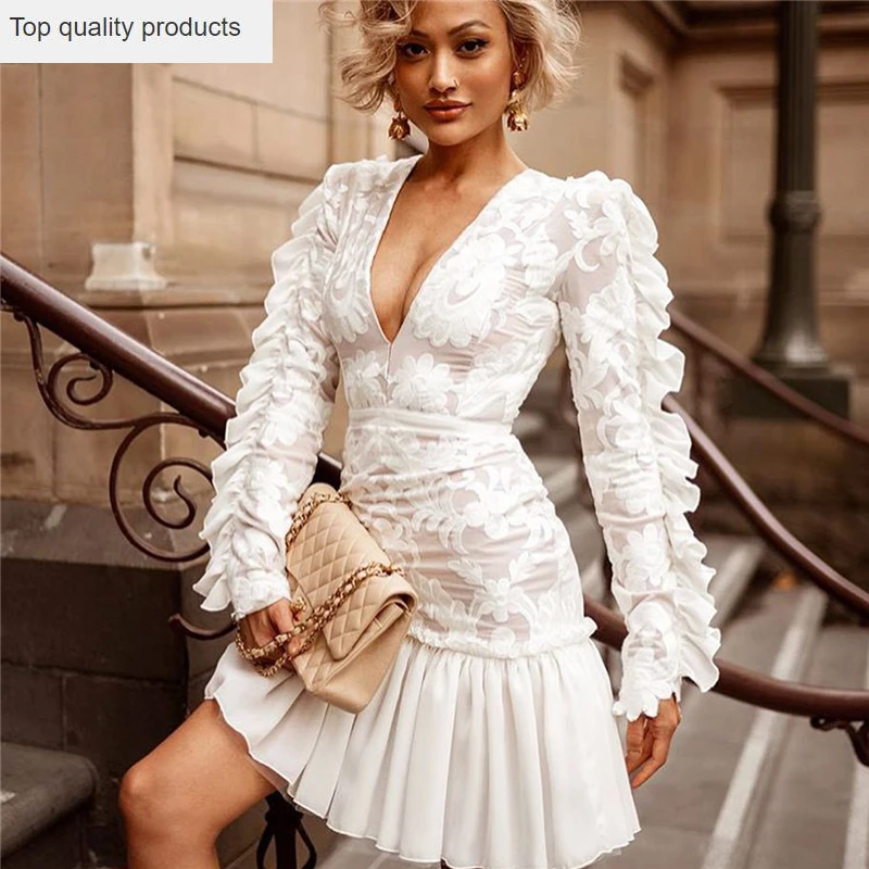 2020 early Spring Women Short Dress mesh embroidery Sexy Lace Chiffon Dresses Fashion Slim Summer dress A5 | Женская одежда