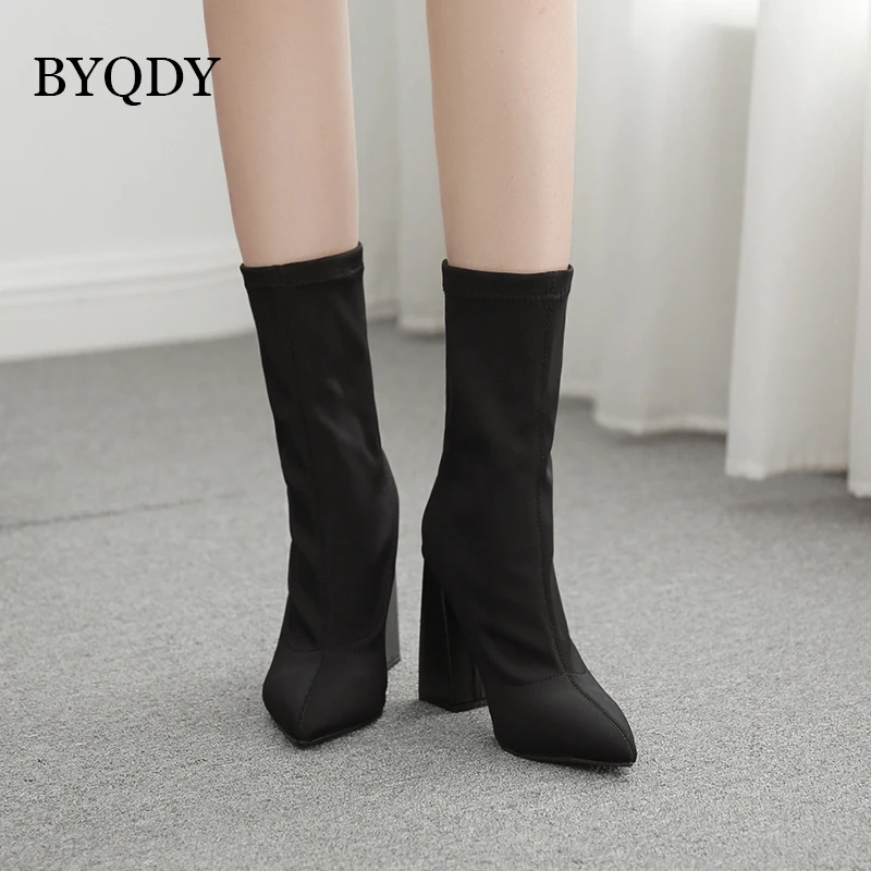 

BYQDY Autumn Elastic Sock Ankle Boots Square High Heels Mesh Women Winter Booties Pointed Toe Boots botas mujer Plus Size 42