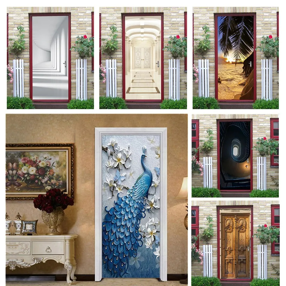 

Door Sticker 3D Peahen PVC Art Wallpaper on the Doors Waterproof for Wall DIY Self-adhesive Posters Mural Home Design deurposter