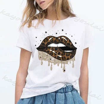 

2020 New Fashion Sexy Leopard Lips T Shirt Women Cute Kawai i Graphic Tee Shirt Femme Cheetah Dripping Animal Print Women Tops