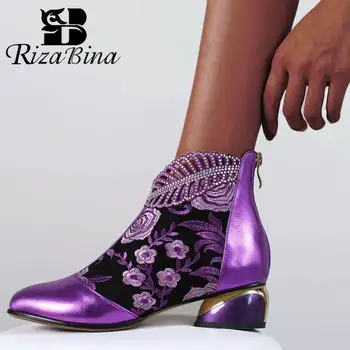 

RizaBina Real Leather Ladies Ankle Boots Square Heel Shoes Zipper Flower Rhinestone Fashion High Quality Footwear Size 34-43