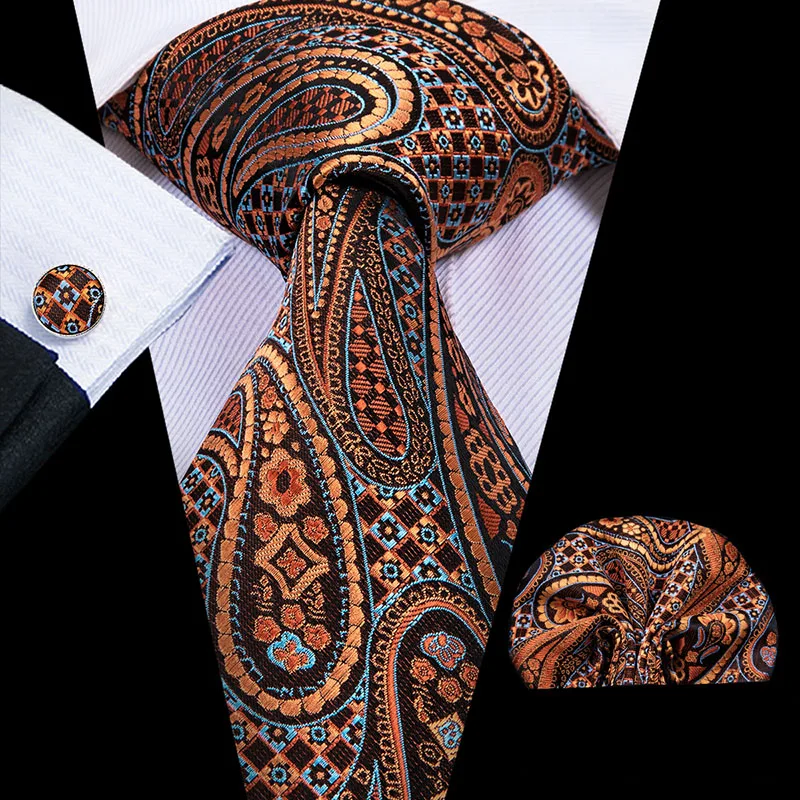 Hi-Tie Orange Men's Tie 8.5cm Silk Ties For Men Hanky and Cufflinks Set Gold Luxury Flower Classic Party Wedding Necktie - Цвет: C-3078