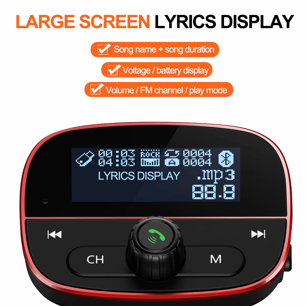 Bluetooth fm трансмиттер VANJEW Handsfree зарядное устройство MP3 двойной USB 12 в 24 красный авто