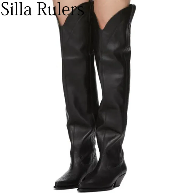 Siila rulers runway black pointed toe thigh high boots woman Knight boots over the knee boots flat winter long boots woman