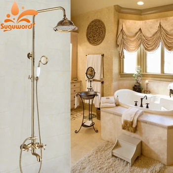 

Golden Finish Shower Faucet Combo Set Dual Handle Dual Control Rainfall Bathroom Shower System Mixer 2 Type Tub Faucet