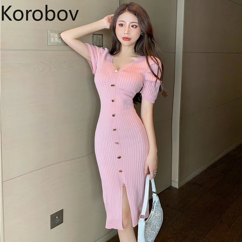 Korobov Korean Sexy V Enck Short Sleeve Women Dress Vintage Office Lady ...