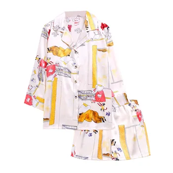 

2020 New Women Cartoon Sleepwear Faux Silk Satin Pajamas Two-piece set Spring Summer Short Sleeve Nightwear And Shorts Set
