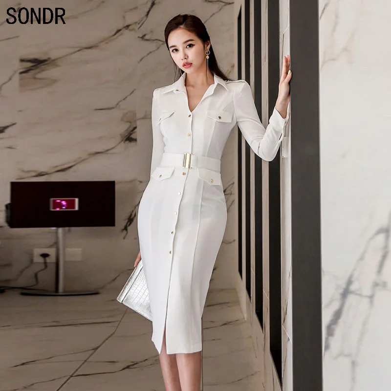 

2020 Spring New Fashion White Shirt Dress Women'S Bodycon Solid Sashes Long-Sleeved Office Cloth Work Dress Female Vestidos