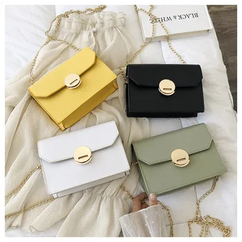 

Fashion Cross-Body Bags Women Chain Bag Leather Shoulder Portable Envelope Square Buckle Purse Solid Color 2021 High-Street