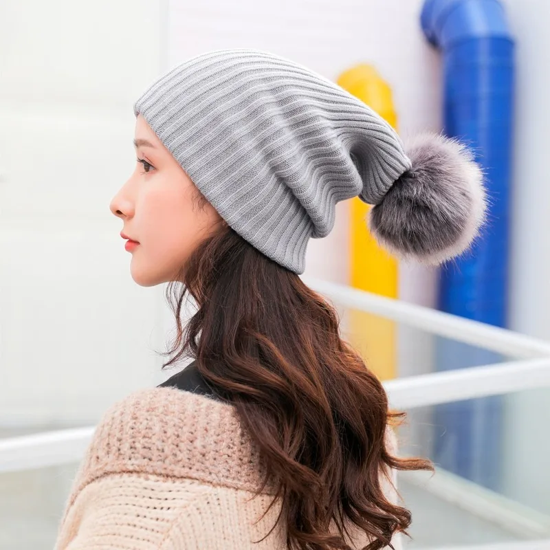 

Sparsil Women Knitted Skullies Beanies Autumn Winter Rabbit Ball Stripe Woolen Ear Protection Hats Three Way To Wear Caps Female