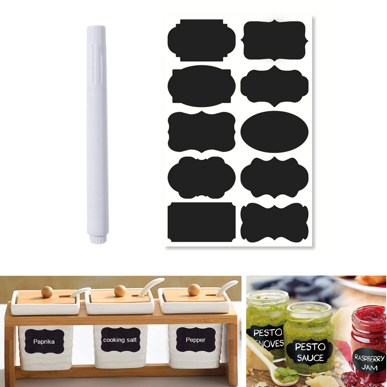 100 Removable Self-Adhesive Chalkboard Labels Stickers with 1pcs White Chalk Marker for Kitchen Spice Jars Glass Bottles Mark