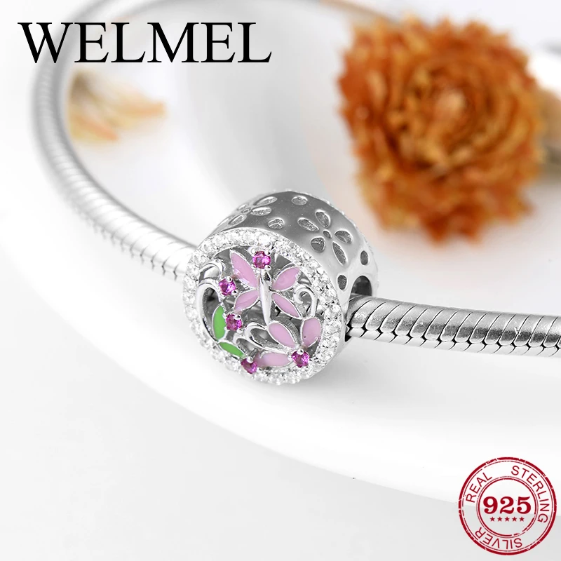 

Close to nature 925 Sterling Silver pink dragonfly and flower fine beads Fit Original Pandora Charm Bracelet Jewelry making