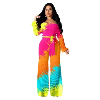 

Women Sexy Wide Leg Rainbow Print Jumpsuits Off Shoulder Backless Loose Bodysuit Long Sleeve Sashes Overalls