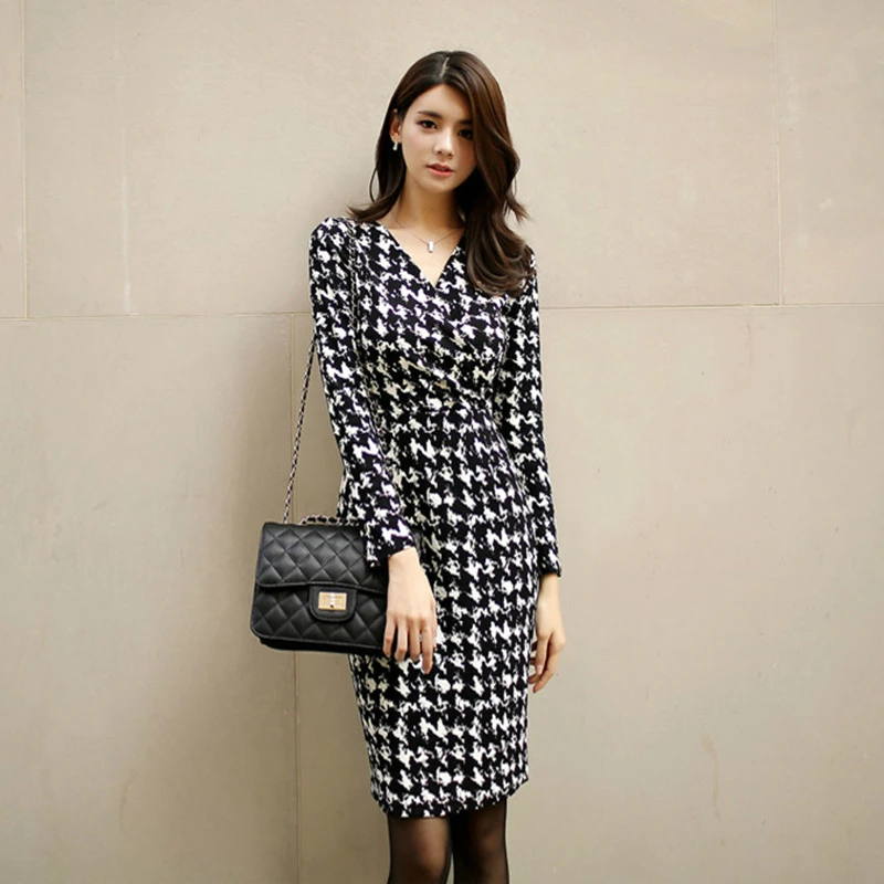 

Printted Houndstooth Midi Dress Women Corset Long Sleeve Sheath Work Office Dress Women Casual Streetwear Autumn Dress Women