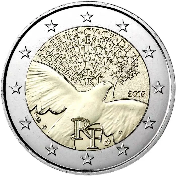 Памятные монеты евро. Монета 2 евро Франция. Юбилейные монеты 2 евро Франции. 2 Евро 2015. 2 Евро 2015 Франция.