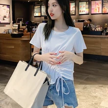 Women Clothes 2019 Slim Drawstring Design Women's Tees Simple Casual Solid Color Short Sleeve Round Neck Tops #E #25